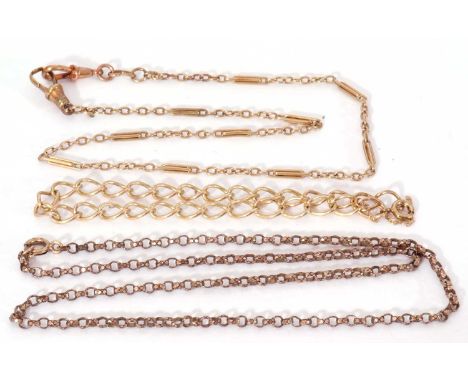 Yellow metal bracelet and necklace, both with metal clasps, together with a gold plated Belcher link chain (3) 14gms g/w