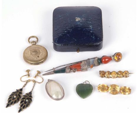 Mixed Lot: Scottish dirk brooch agate set and highlighted with citrines (one missing) 9cm long, a pair of vintage onyx and se