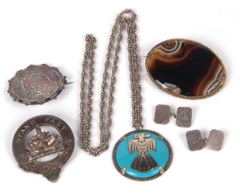 Mixed Lot: Large vintage banded agate brooch in a gilt metal mount, an 1887 Mexican coin brooch with the frame hallmarked for