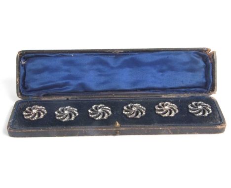 Cased set of six vintage paste set swirl decorated buttons