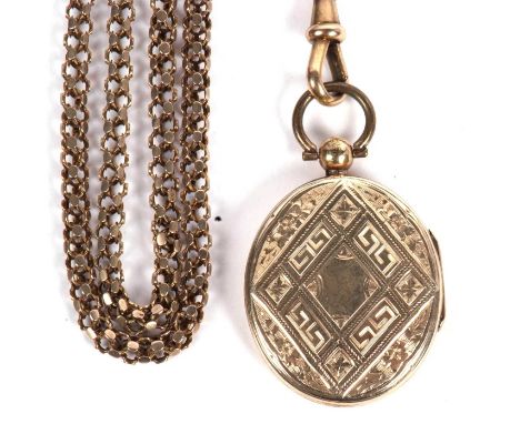 Mixed lot to include an antique gold plated oval locket suspended from a fancy gold plated chain