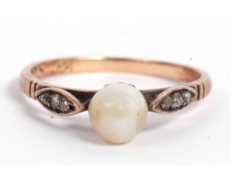 Pearl and diamond ring, the small cultured pearl set between rose cut diamond shoulders, stamped 18k, size J