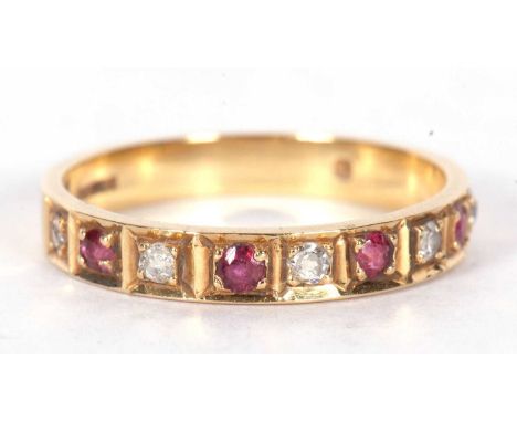 18ct gold diamond and ruby half eternity ring alternate set with five small diamonds and four small rubies, g/w 3.0gms, size 