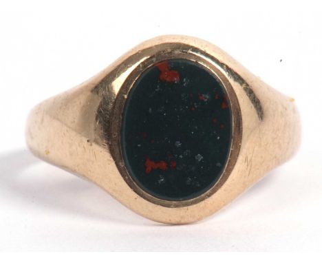 9ct gold blood stone signet ring, 8x6mm, bezel set in a plain polished mount, hallmarked for Birmingham 1966, size K