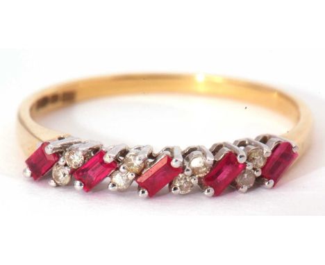 Modern ruby and diamond ring, alternate set with five small rubies and four pairs of small single cut diamonds, stamped 750, 