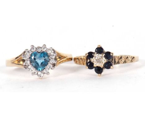 Two modern 9ct gold rings, a heart shaped design set with paste stones, size K/L together with a dark sapphire and diamond cl