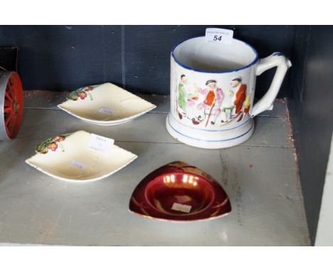 A 19th Century Staffordshire frog mug together with three Art Deco Carltonware dishes.