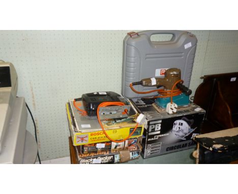 A collection of assorted tools to include Black & Decker, electric jigsaw etc.