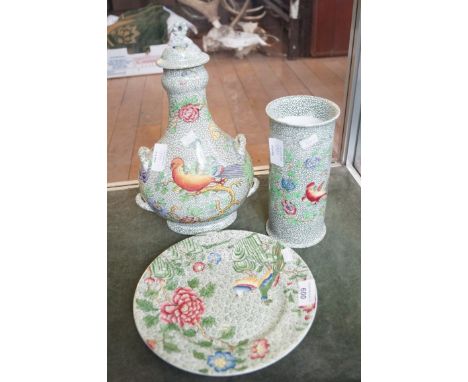 A mixed group of Copeland Spode ceramics to include a twin handled lidded vase, a further cylindrical sleeve vase and matchin