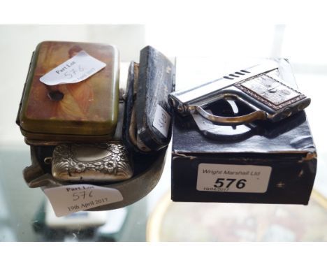 A mixed group of smoking accessories to include a Birmingham hallmarked silver square section cigarette case a novelty lighte