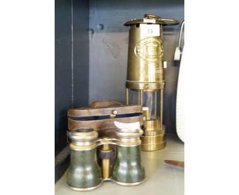 A brass miners lamp by E Thomas & Williams together with a pair of Le Jockey Club opera glasses fitted in original box.