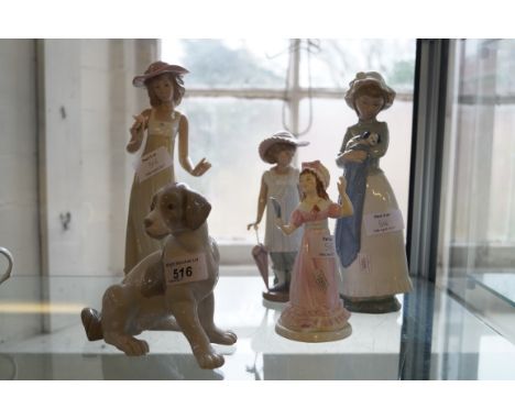 A mixed group of ceramic figures to include three Nao lady figures, a Nao figure of a dog and a Francesca Art china model of 