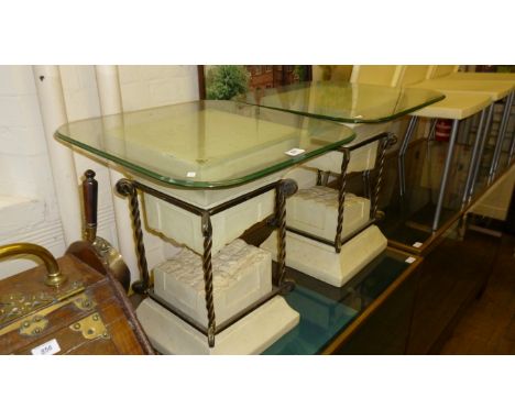 A pair of reproduction Italian style glass topped lamp tables, each modelled in the form of ruined columns.