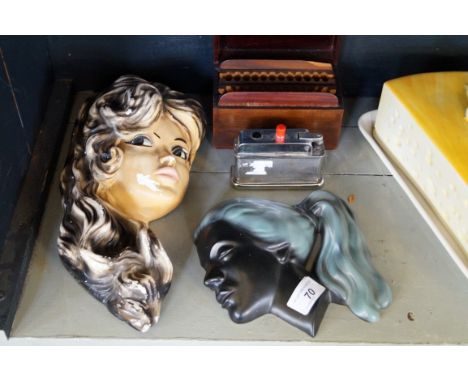 Two Art Deco wall masks, a Hornsea pottery ceramic cruet set together with an Art Deco chrome table lighter together with a m