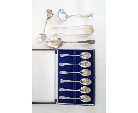 A cased set of six Birmingham hallmarked silver tea spoons together with silver ladle, Georgian London hallmarked silver spoo