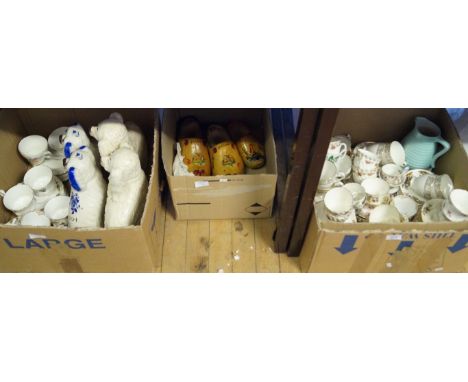 Three boxes of assorted ceramics and sundries to include tea service, Staffordshire dogs, etc.