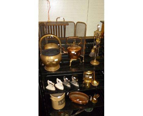 A mixed lot of assorted metalware and further items to include a ceramic bread bin, copper tea kettle on brass stand, compani