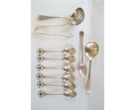 A mixed group of hallmarked silver flatware to include a set of six hallmarked silver tea spoons all with enamelled red rose 