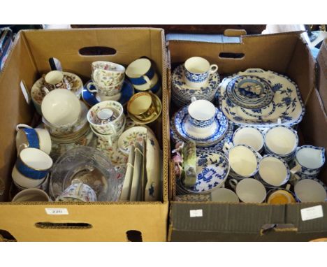 Two boxes of 19th Century and later ceramics to include Royal Crown Derby, miniature cup and saucer, Cantonware, Poole Potter