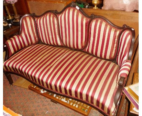 Edwardian mahogany upholstered three seater salon sofa