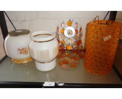 1960's plastic light shade, two similar glass and a beaded glass drop shade
