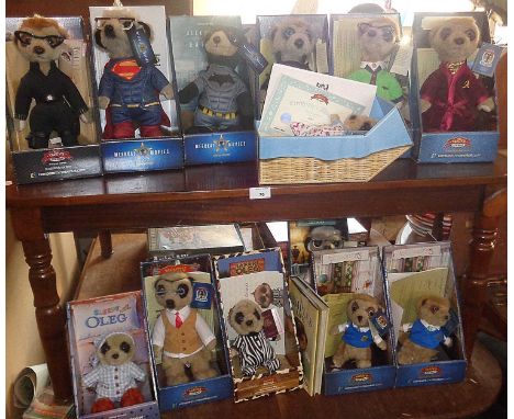 Collection of Yakov's Toy Shop meerkat figures, 11 plus Meerpup "oleg", all boxed with COA's, and including Superman Sergei a