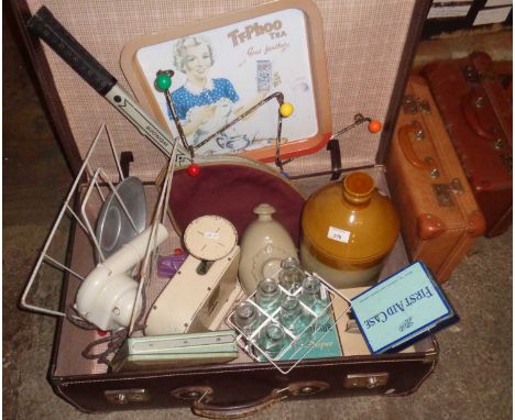 Suitcase of 1950s kitchenalia etc., inc. magazine rack, wall coat rack, kitchen scales, boxed Morphy Richards iron