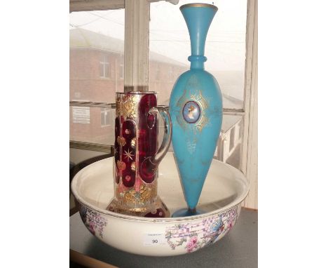 Bohemian glass flower jug (A/F), tall Victorian smoked blue glass vase and a china wash basin