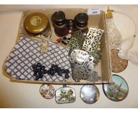 Powder compacts, Edwardian pierced metal belts (A/F), broken necklaces, trinket boxes etc