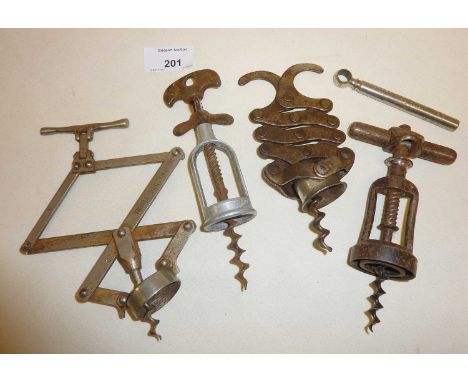 Old corkscrews inc. a French "Perfect" style advertising Triple Sec Villette, a Perrile type, a Polichinelle Kisply, a picnic