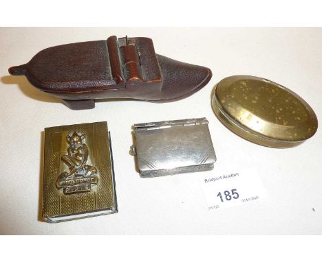 Treen shoe snuff box approx 14cm long), a combination vesta and stamp holder, miner's type oval brass snuff box etc