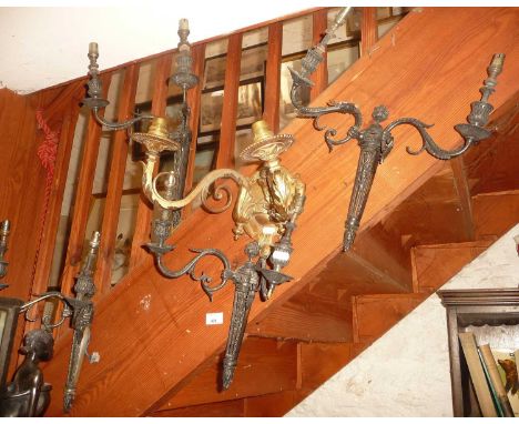 Set of four two-branch Regency style wall lights and another two-branch wall light in gilt brass