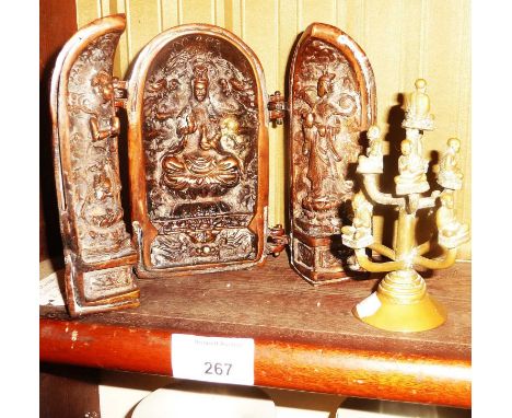 Chinese bronze folding/travelling Buddhist shrine, together with brass Buddha "tree" sculpture