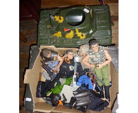 Various vintage Action Man dolls, accessories and a Sunny Smile tank
