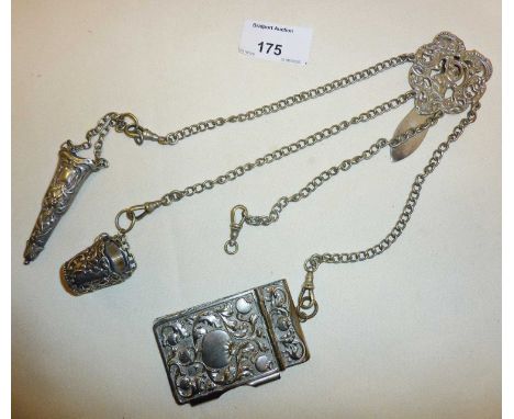 EPNS chatelaine with sewing and other tools attached inc. notebook, Art Nouveau silver thimble holder bucket and scissors hol