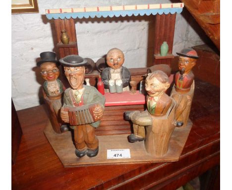 Complete bar room or pub set of Anri carved wooden figures with corks, corkscrew and bottle opener