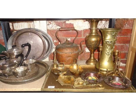 Collection of brassware, inc. Chinese serving tray etc., with silver plate tea set and trays