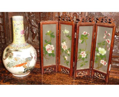 20th c. Chinese Republic bottle vase, 23cm and a four-fold table screen with painted glass panels