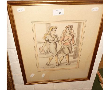 Ink &amp; watercolour sketch of two 1940s ladies walking, after Reginald Marsh, signed &amp; dated '44, 16" x 14"