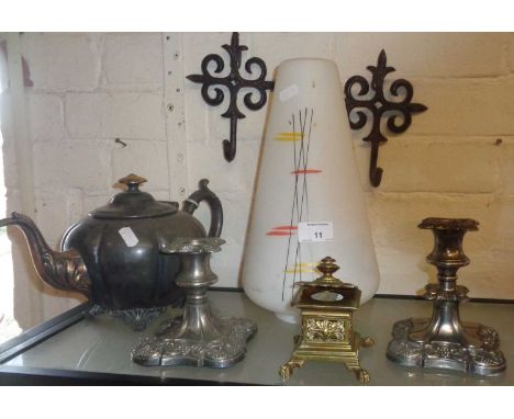 1960's conical smoked glass lampshade with abstract line decorations together with a brass inkwell, a silver plated teapot an