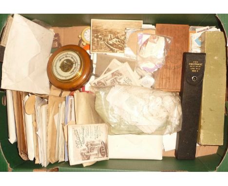 Assorted postcards, cigarette cards, a Polyphase slide rule, an aneroid barometer and a small bag of lace etc