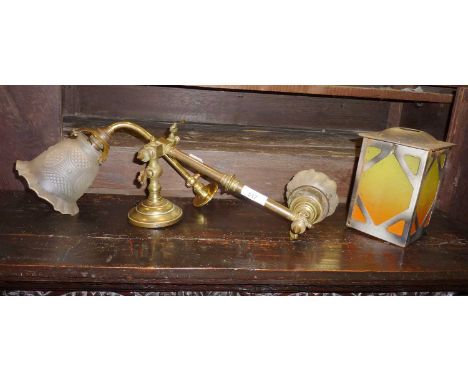 Antique gas wall light fitting sconces adapted for electrical use together with an Art Nouveau style orange glass and metal l
