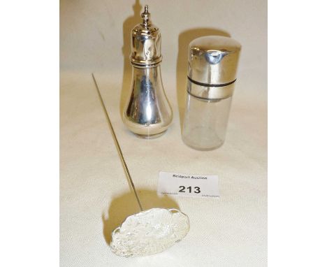 Art Nouveau style hatpin (approx. 23cm long), a hallmarked silver pepper pot and a silver lidded scent flask
