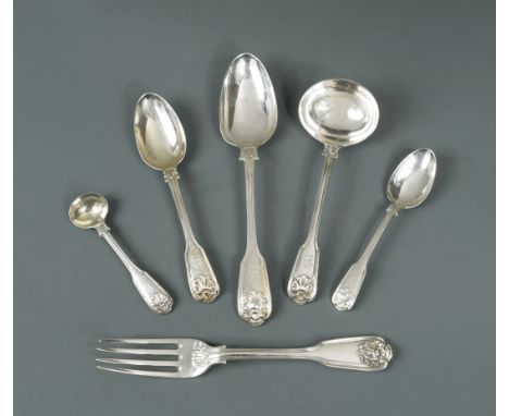 by William Theobalds, London 1831, 'Fiddle, Thread &amp; Shell' pattern with shell backs, crested, comprising 6 table forks, 