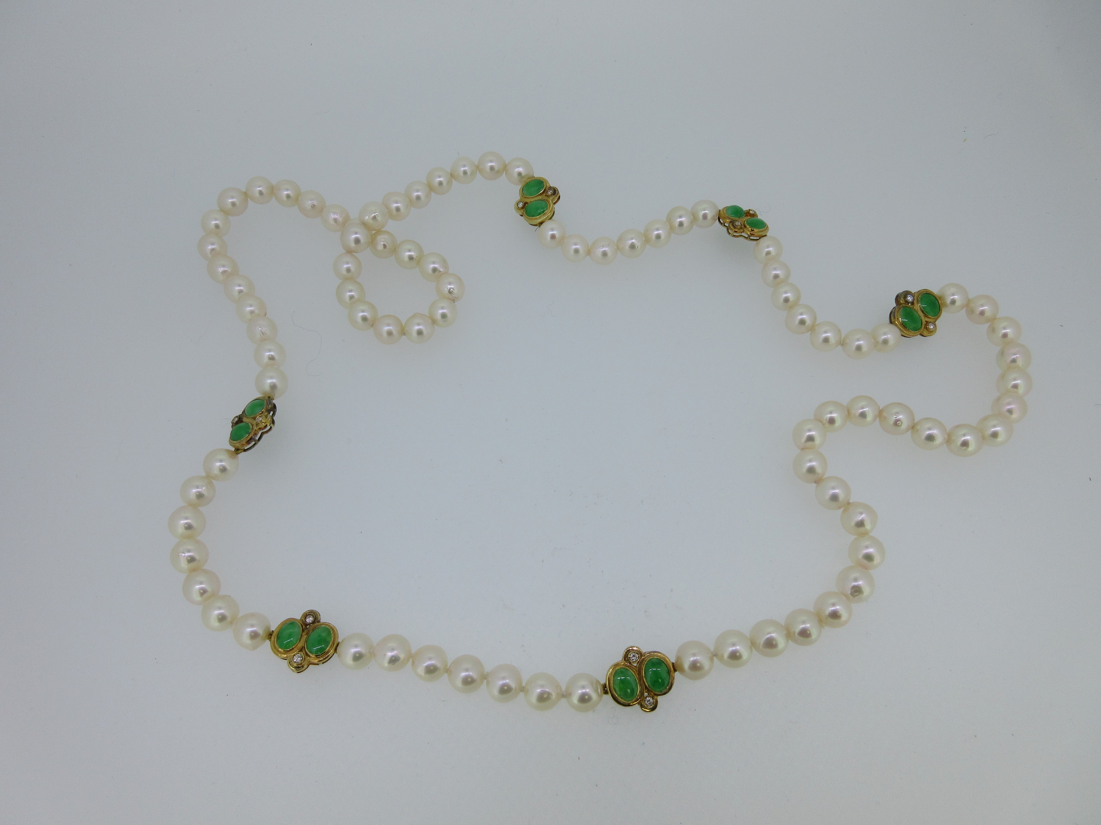 A cultured pearl, jade and diamond necklace, in Cheffins Fine Art
