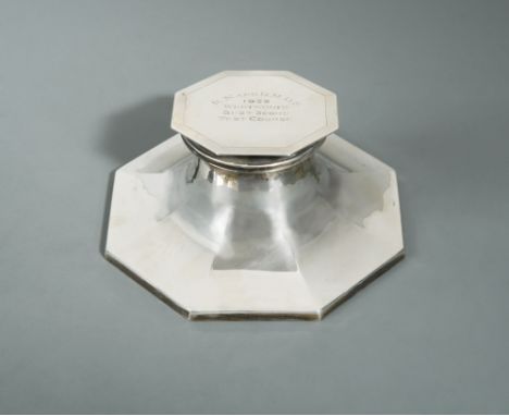 by Mappin &amp; Webb, Birmingham 1937, of octagonal capstan form, the flat topped and part marked hinged cover with engine tu