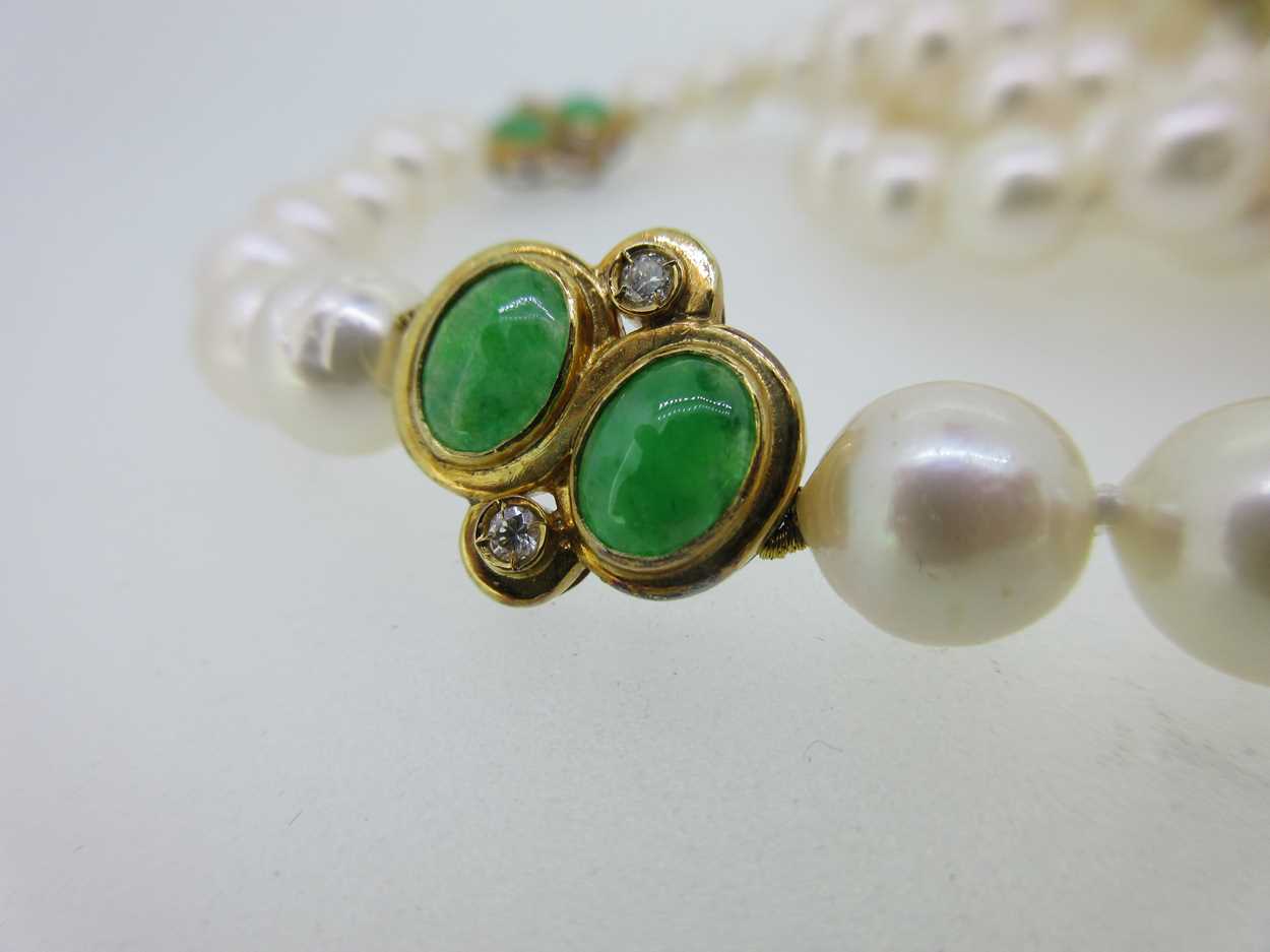 A cultured pearl, jade and diamond necklace, in Cheffins Fine Art
