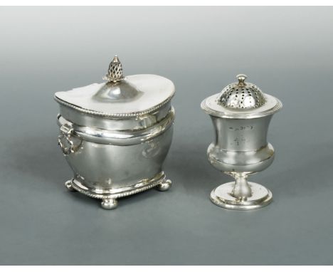 the caster by Charles Fox II, London 1824, of urn shape with reeded top, the fully marked friction fitting cover pierced and 