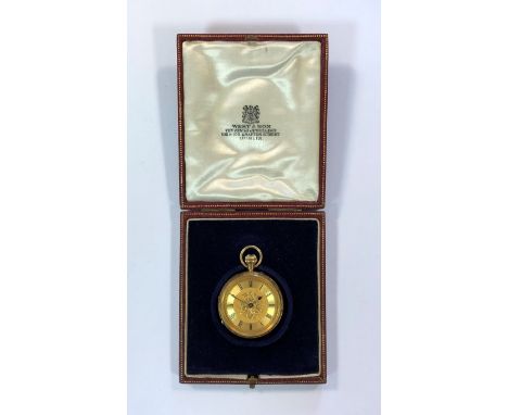 c1889, the gilt floral dial, 35mm diameter, with black Roman numerals, blued spade hands and gold coloured dot minute track, 