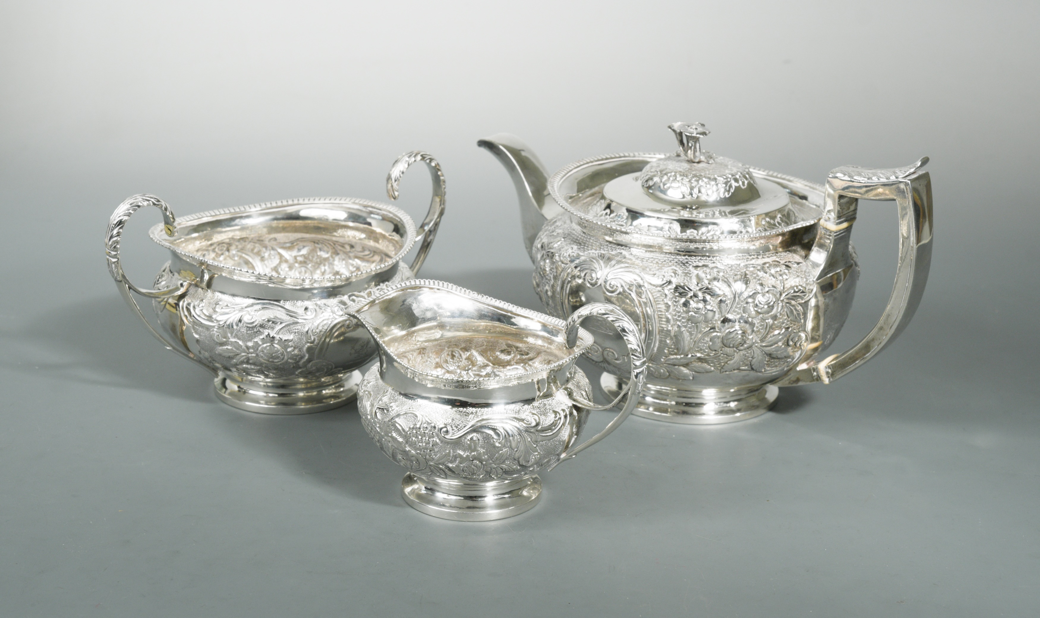Dublin A III silver three piece tea set, in Cheffins Fine Art